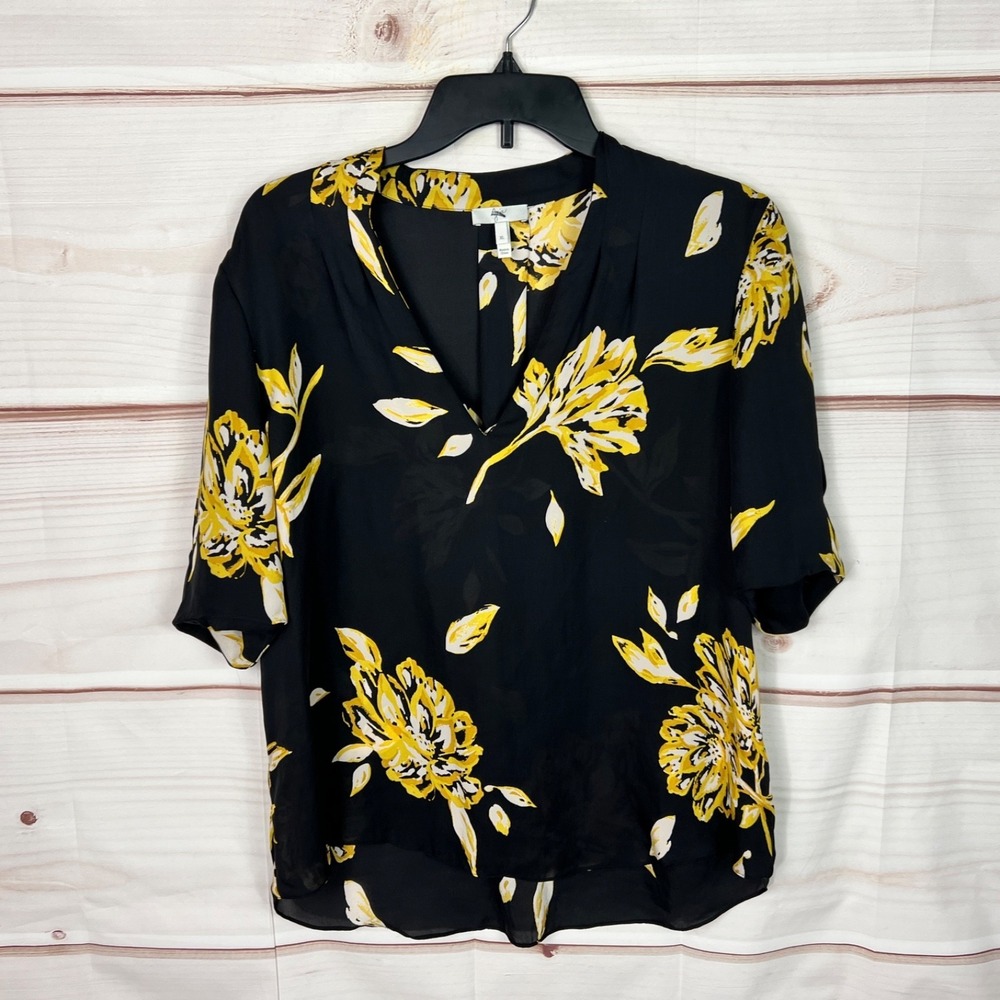 JOIE Top Womens XL Blue Yellow Floral Blouse Silk V-Neck Puff Sleeve Pullover